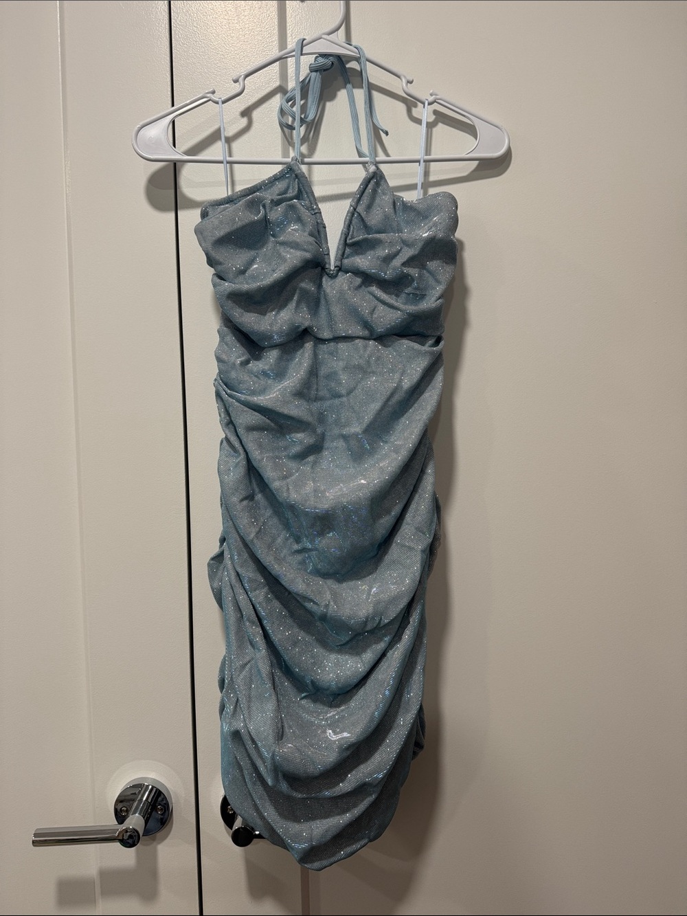 Fashion Nova Light Blue Sparkle Ruched Mini Dress